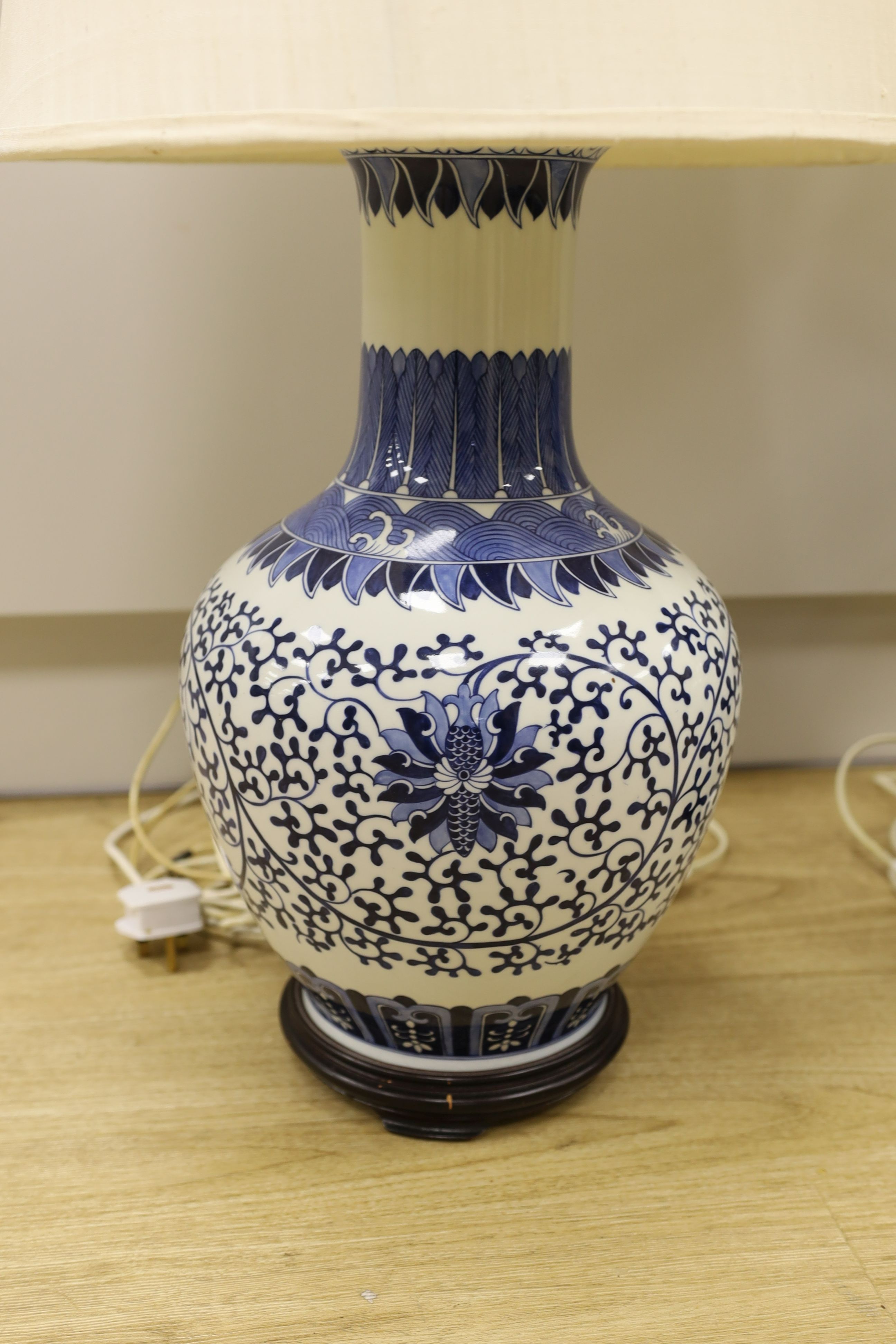 A pair of large Chinese blue and white table lamps - base: 48cm tall